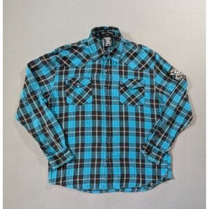 SOUTHPOLE Flannel Shirt XXL‎ Blue Plaid Pearl Snap Flap Pockets Long Sleeve